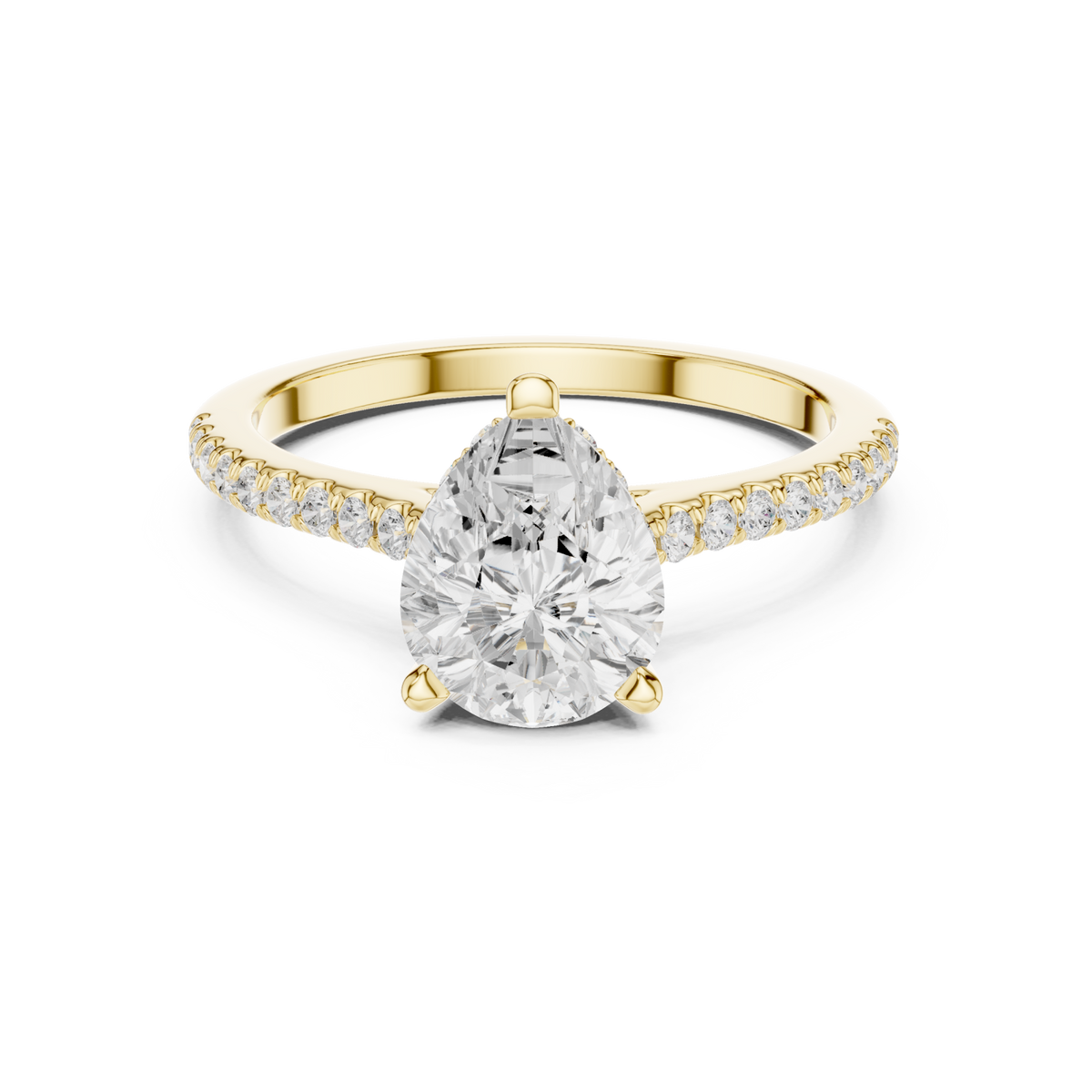 Pear classic pave engagement ring yellow gold detail view
