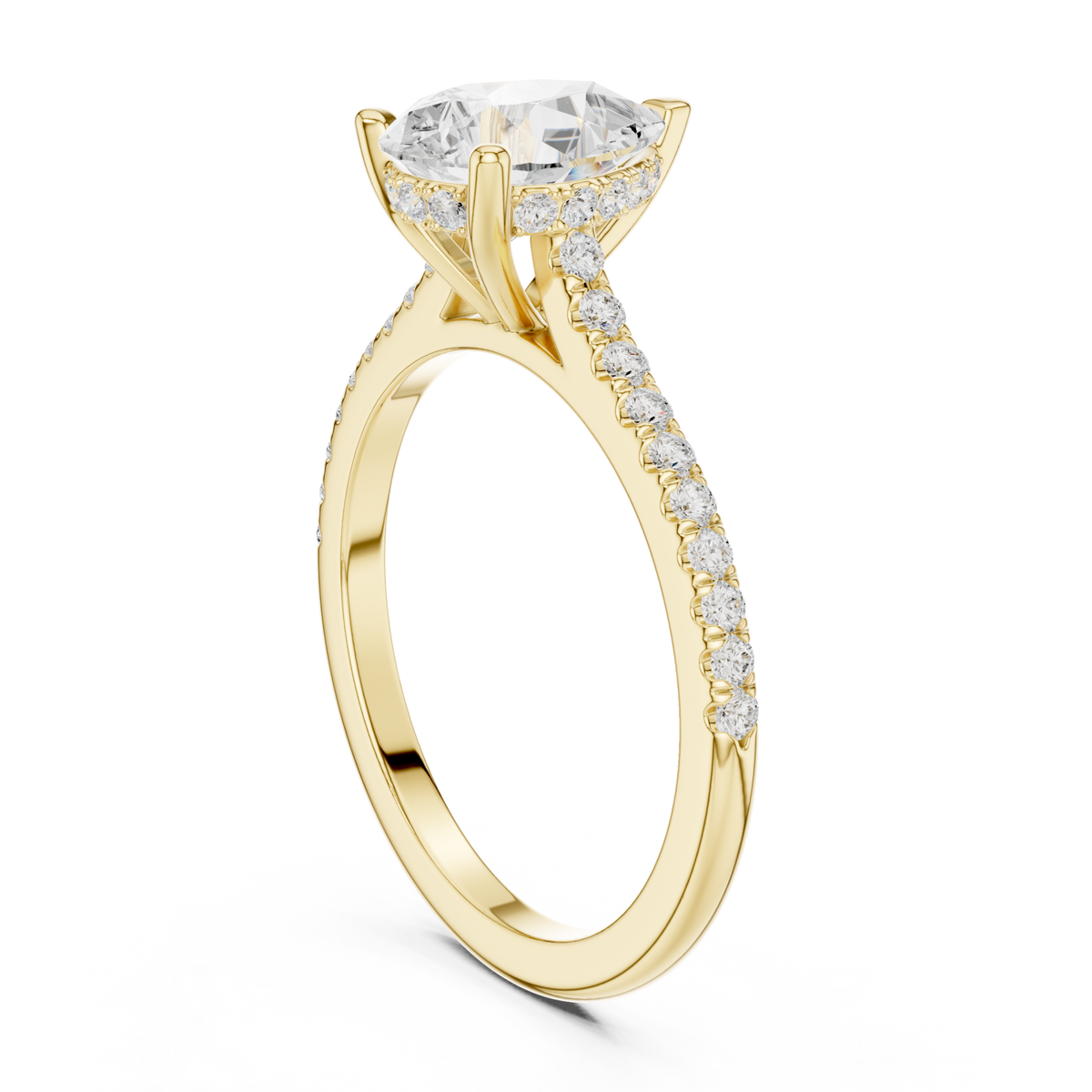 Pear classic pave engagement ring yellow gold front view