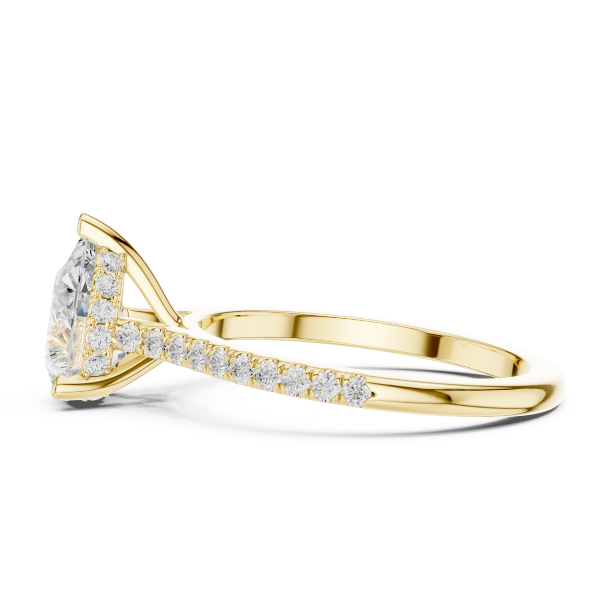 Pear classic pave engagement ring yellow gold side view