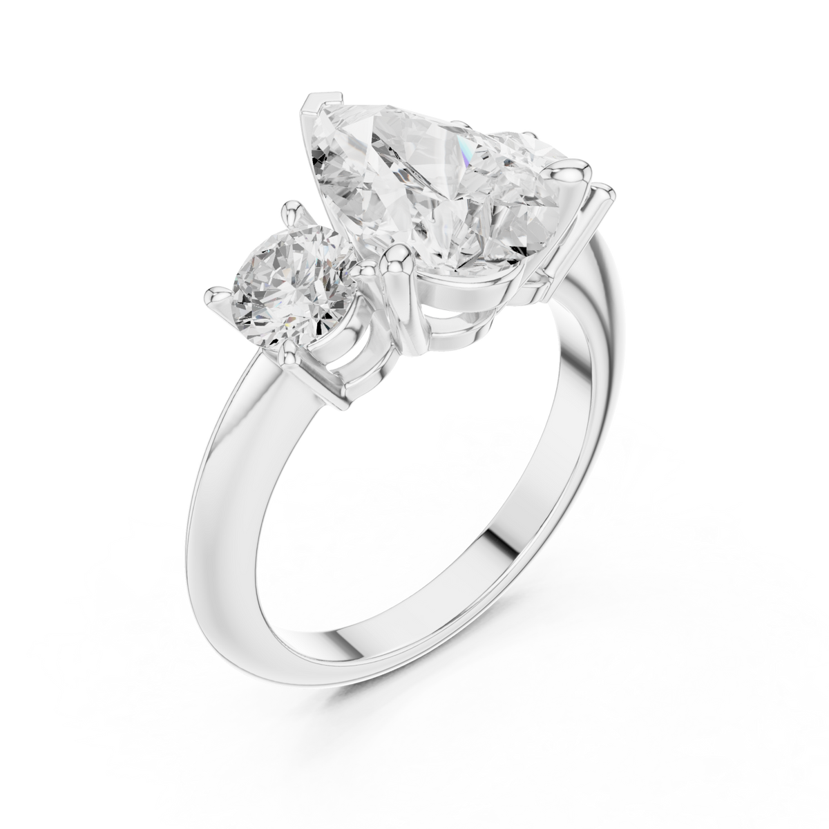 Pear classic three stone engagement ring white gold angle view