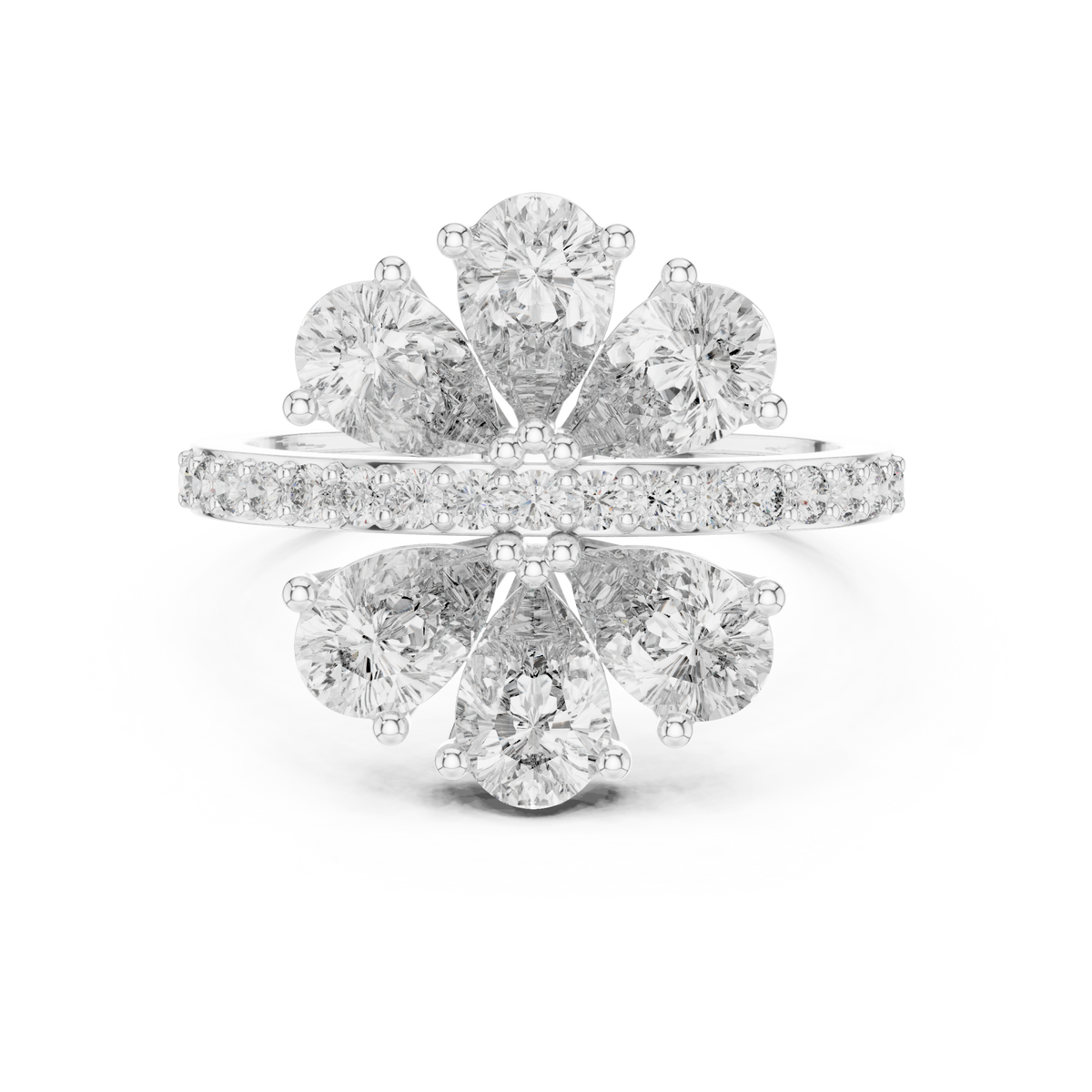 Pear clover flower ring white gold detail view