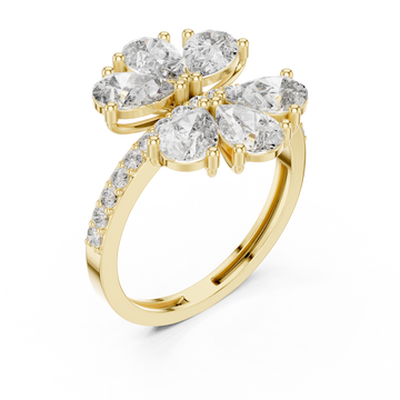 Pear clover flower ring yellow gold front view