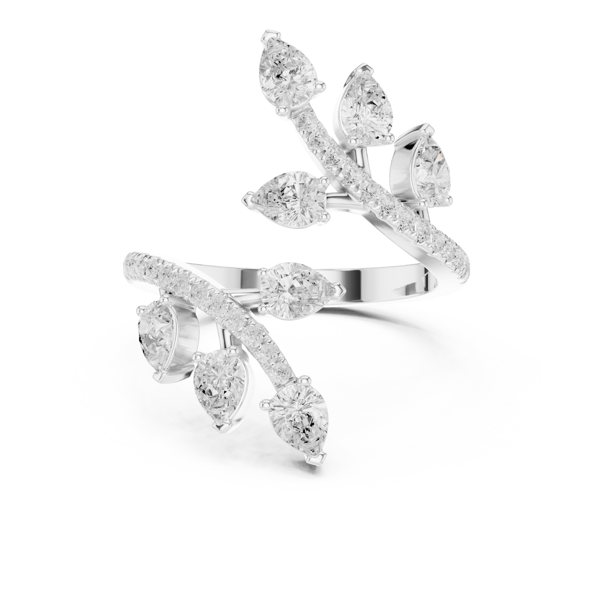 Pear cluster open bypass ring white gold detail view