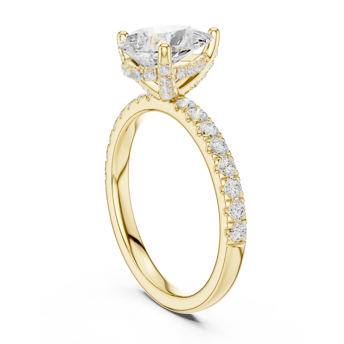 Pear compass hidden halo pave engagement ring yellow gold front view