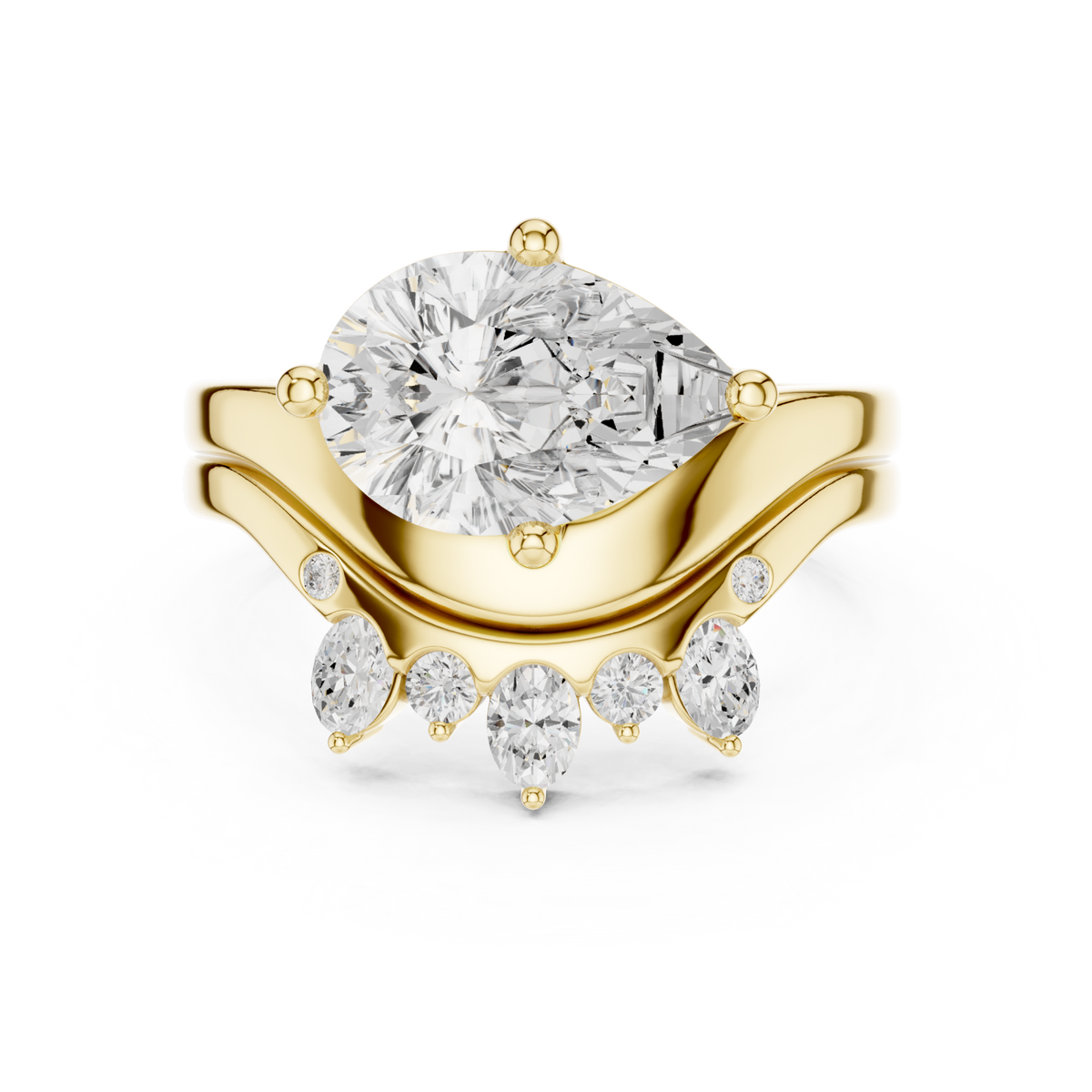 Pear cut diamond solitaire scatter band bridal set yellow gold detail view