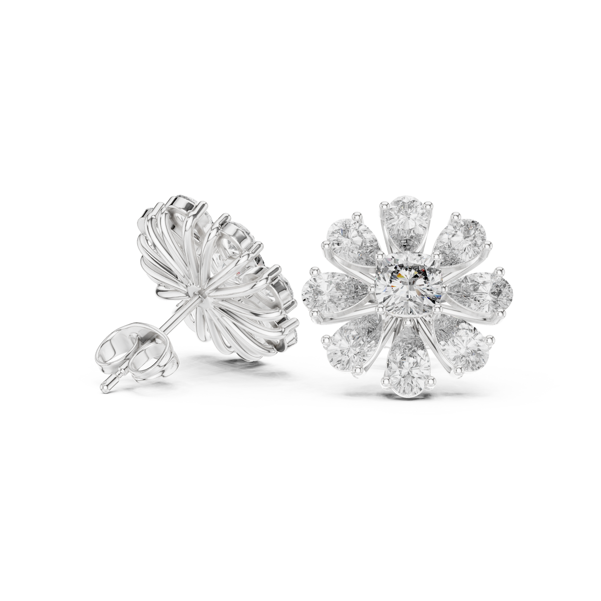  White Gold Pear Daisy Cushion Studs Front View