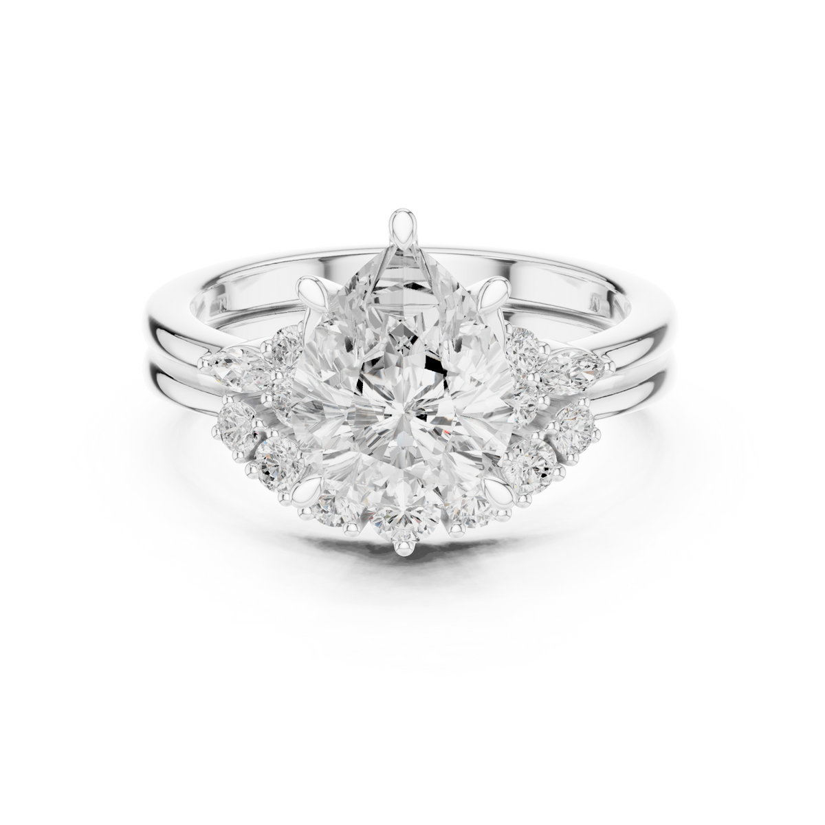 Pear floral cluster bridal set white gold detail view