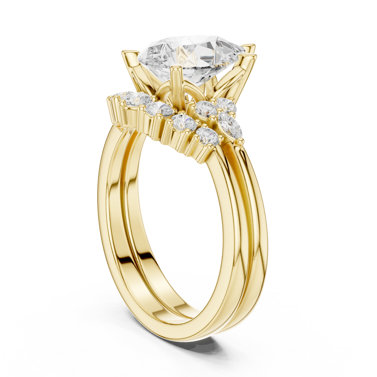 Pear floral cluster bridal set yellow gold front view
