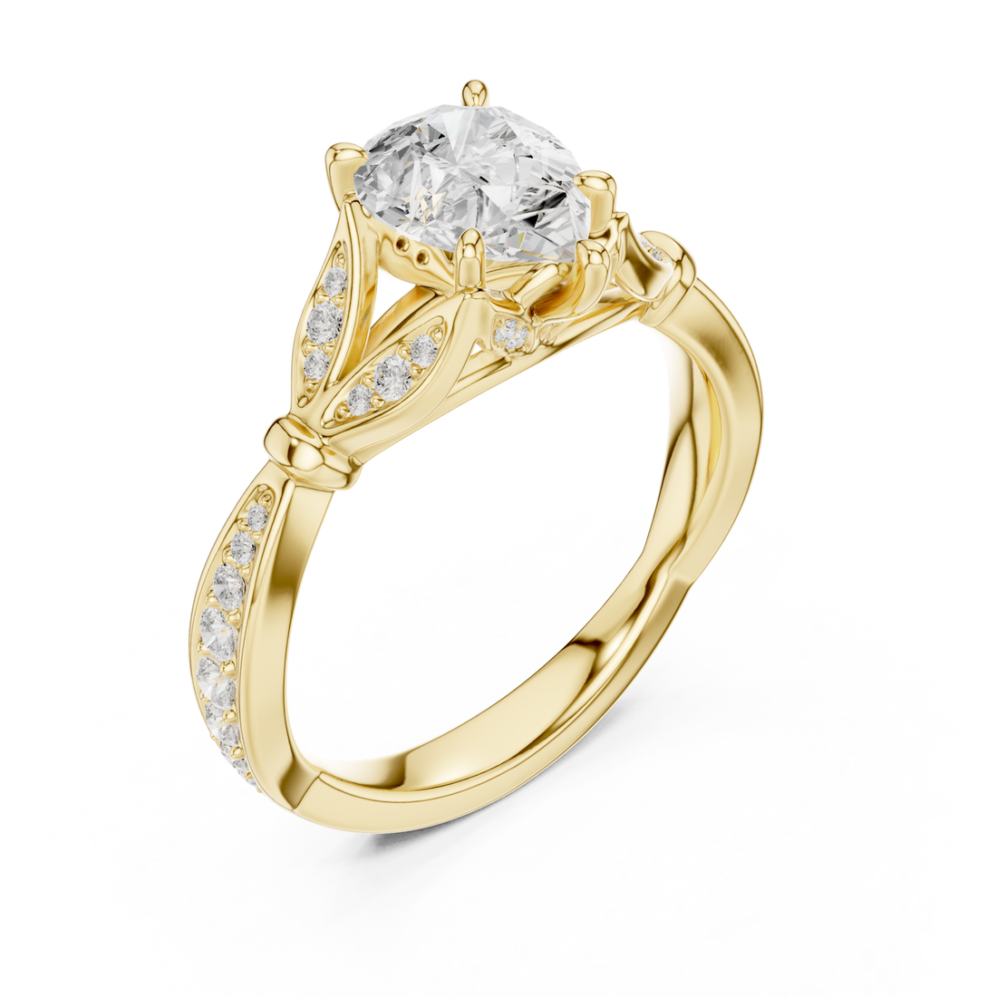 Pear floral leaf pave engagement ring yellow gold front view