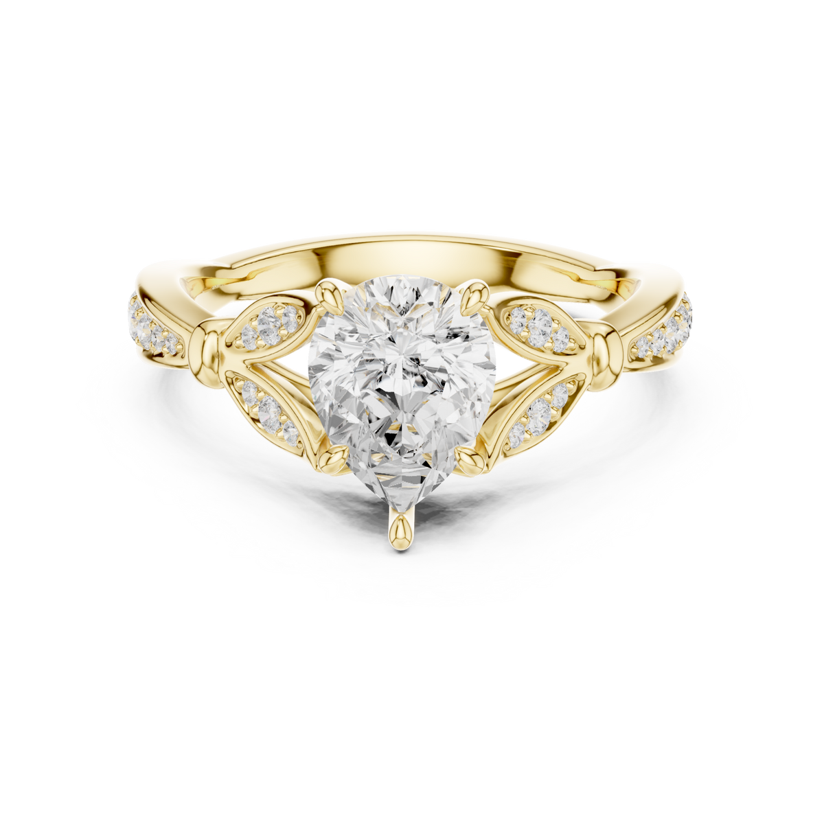 Pear floral leaf pave engagement ring yellow gold detail view