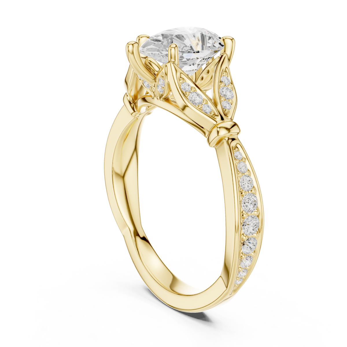 Pear floral leaf pave engagement ring yellow gold front view