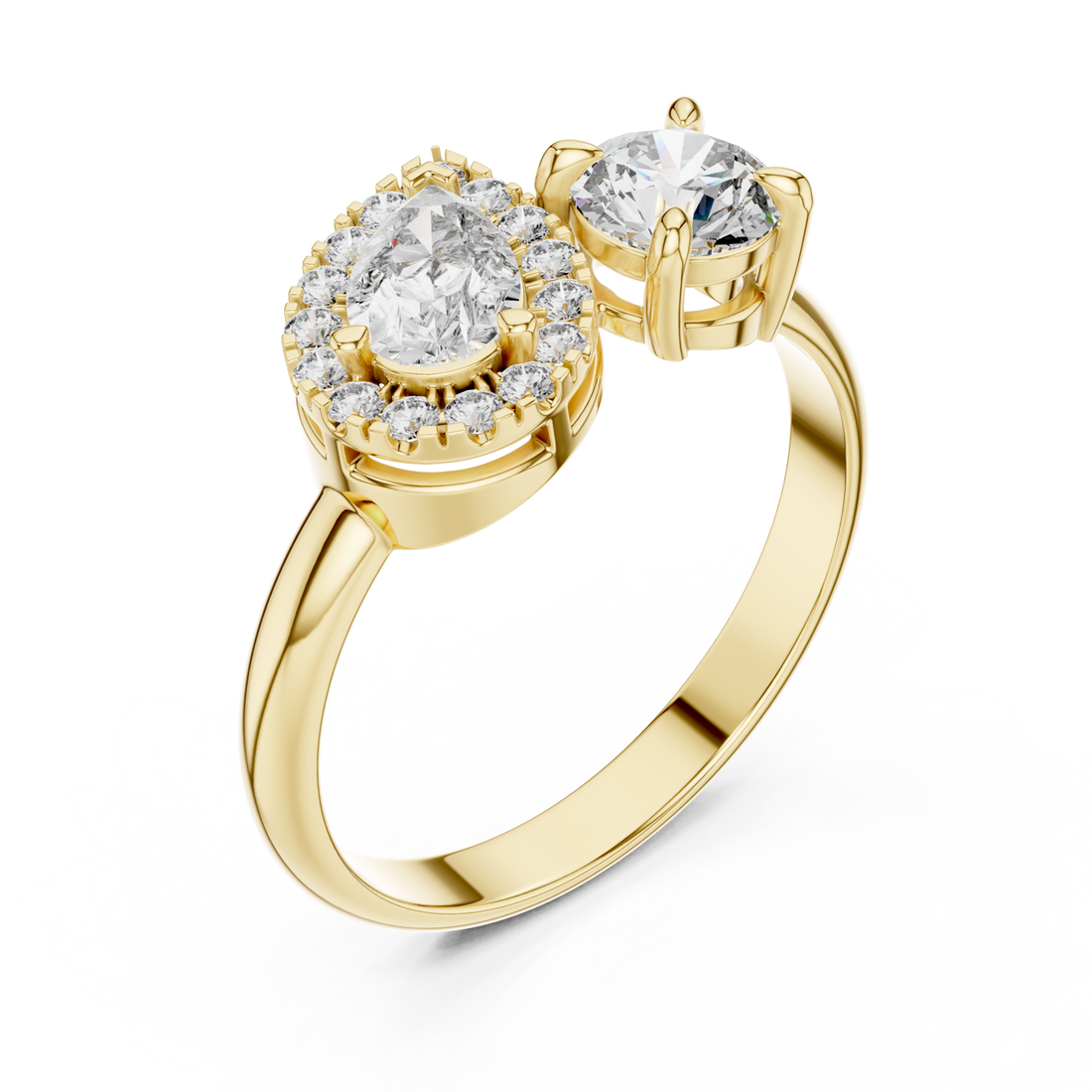 Pear halo and round toi et moi ring yellow gold front view