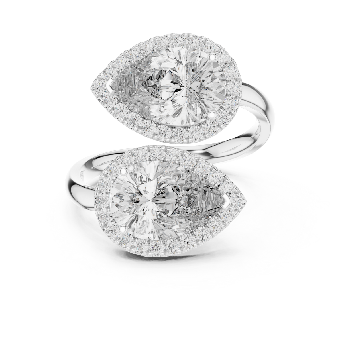 Pear halo duo bypass ring white gold detail view
