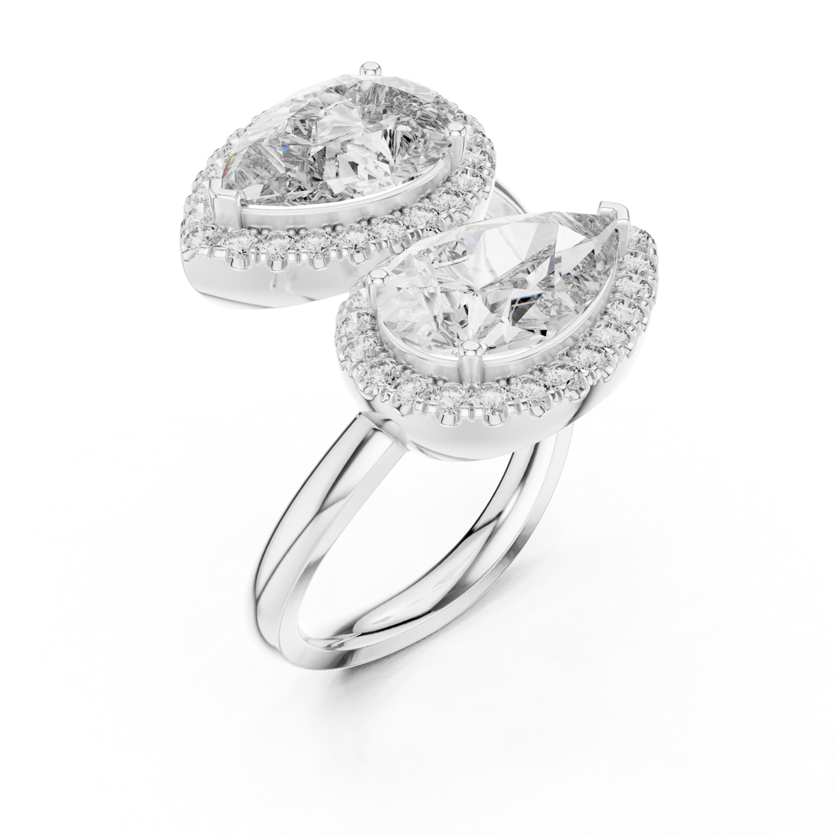 Pear halo duo bypass ring white gold front view