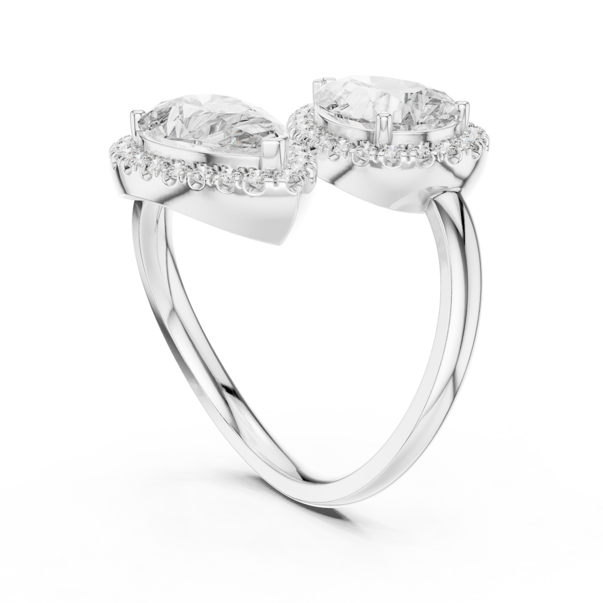 Pear halo duo bypass ring white gold side view
