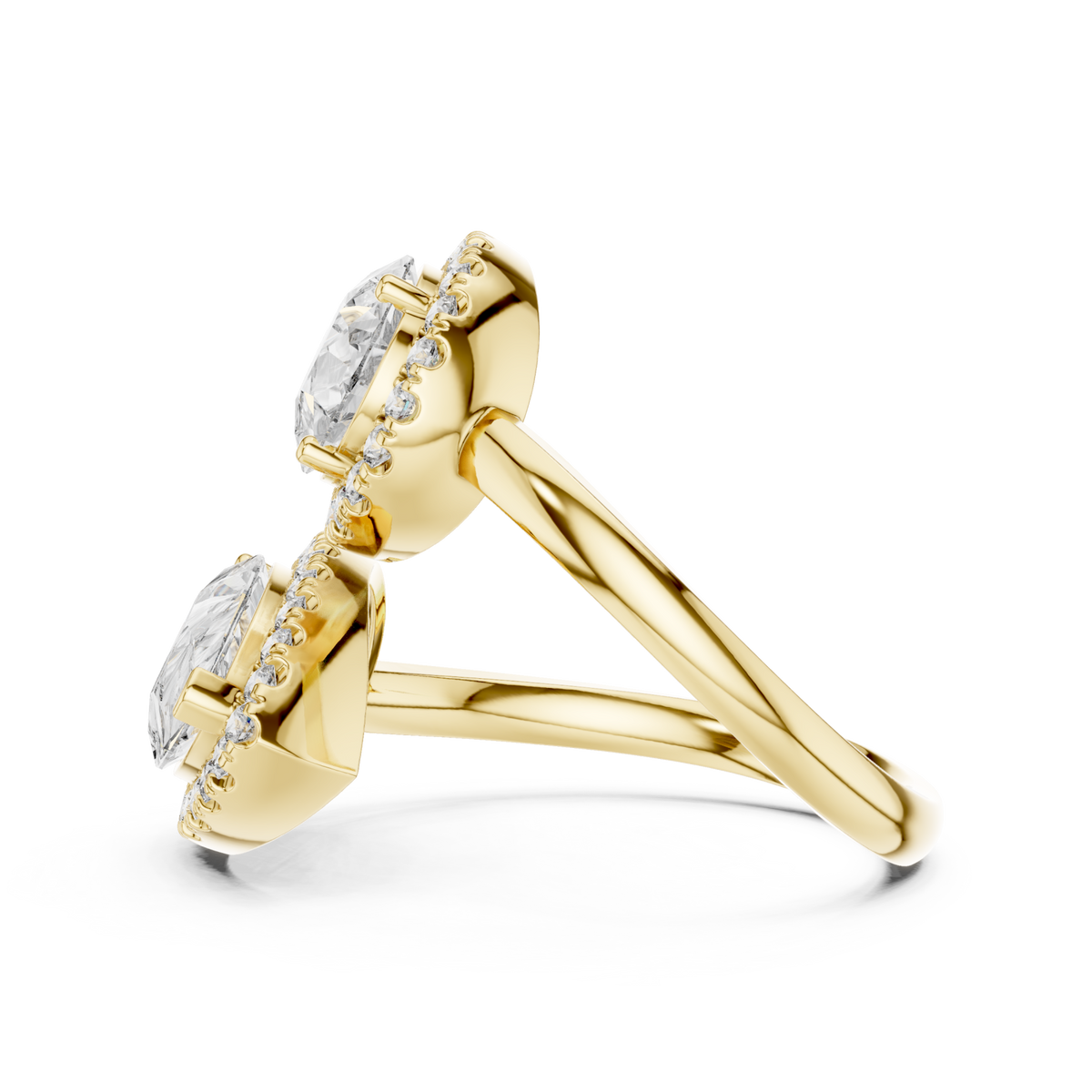 Pear halo duo bypass ring yellow gold angle view