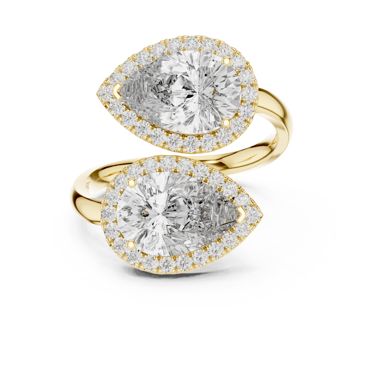 Pear halo duo bypass ring yellow gold detail view