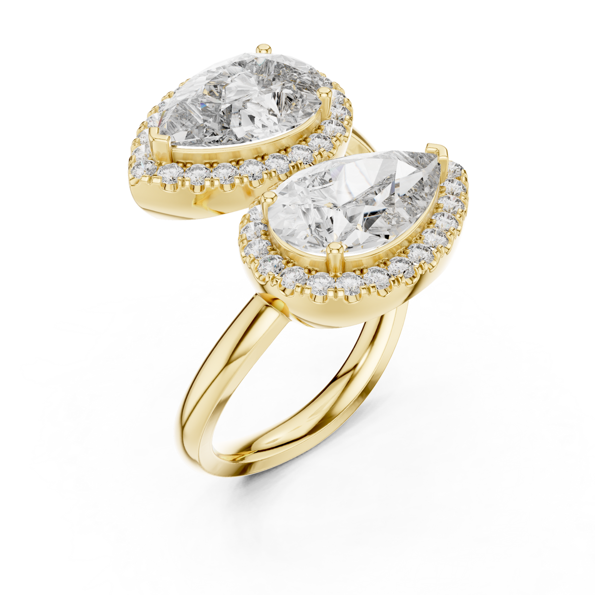 Pear halo duo bypass ring yellow gold front view