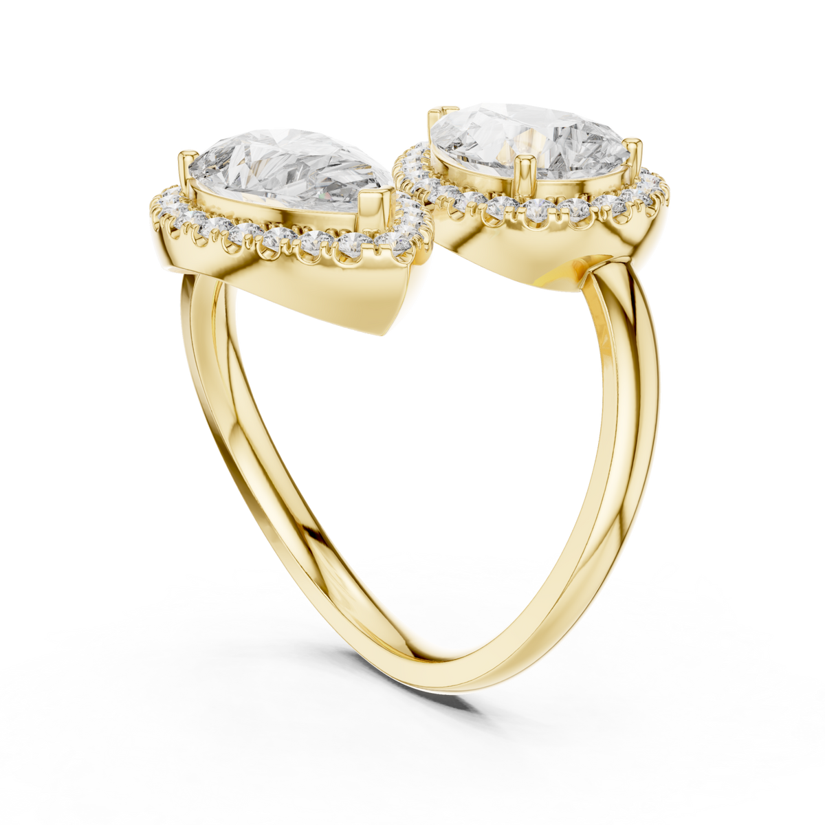 Pear halo duo bypass ring yellow gold side view