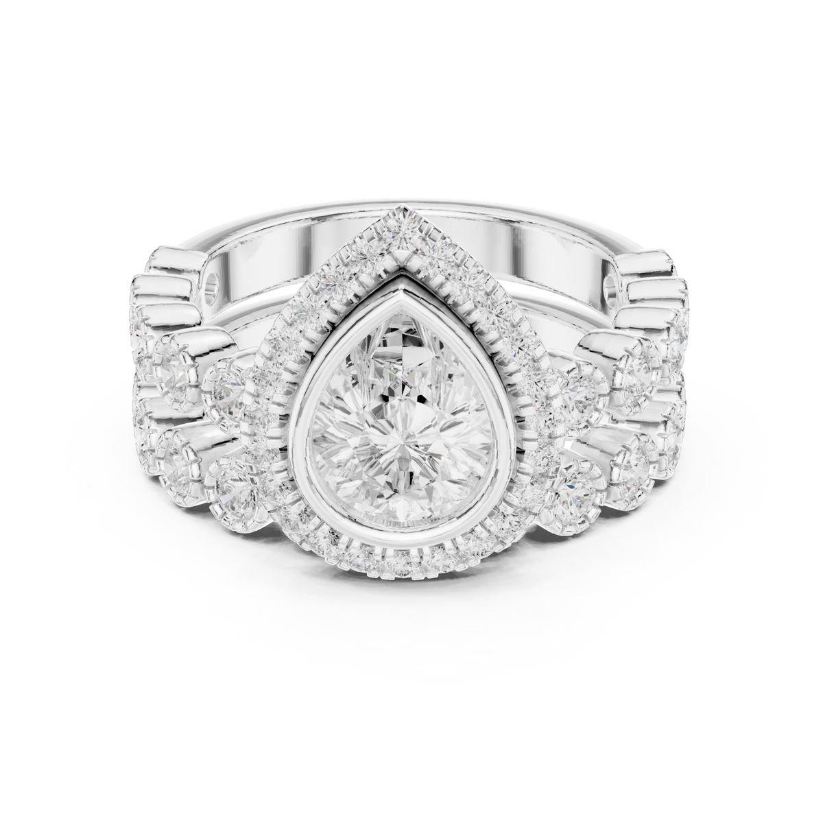 Pear halo floret band ring white gold detail view
