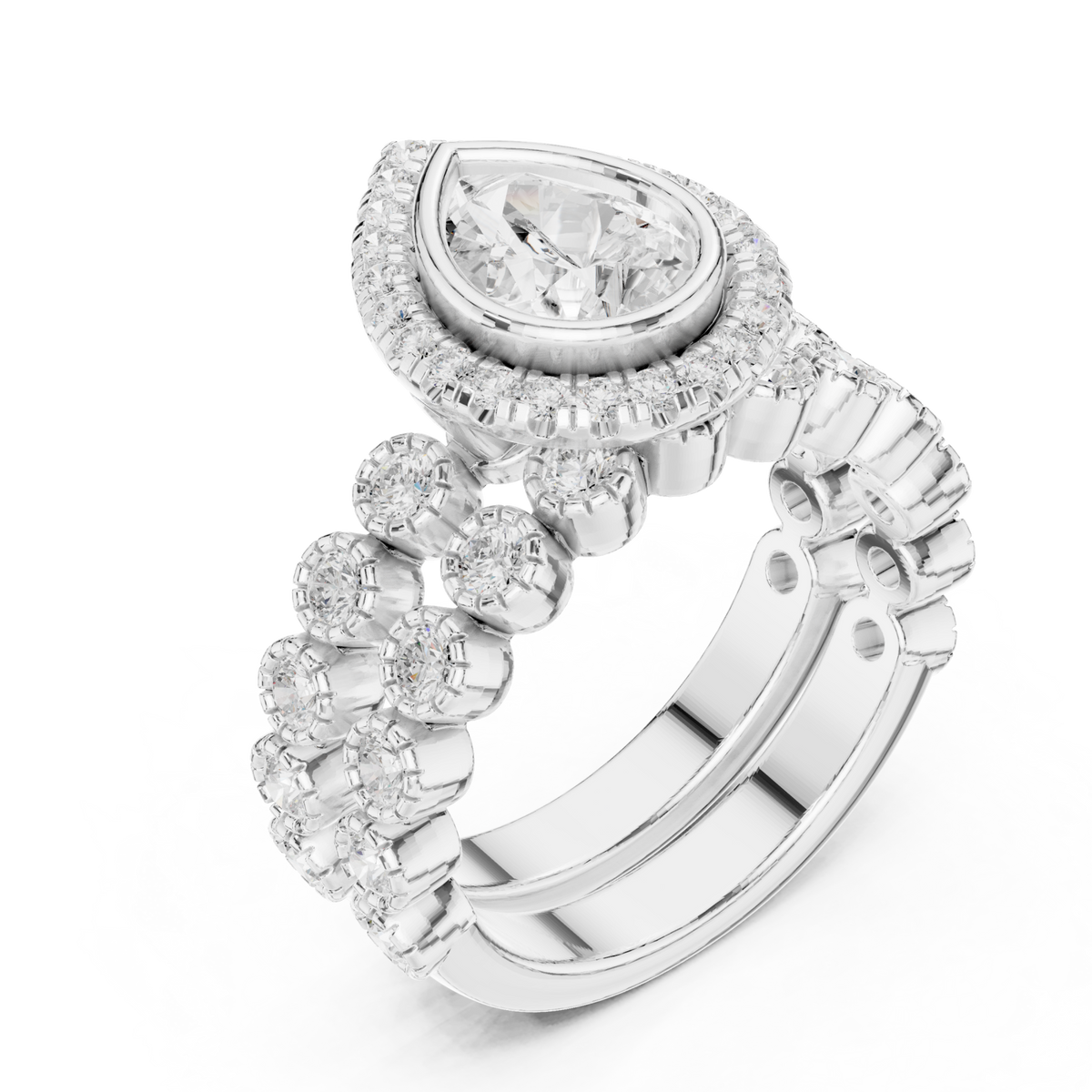 Pear halo floret band ring white gold front view