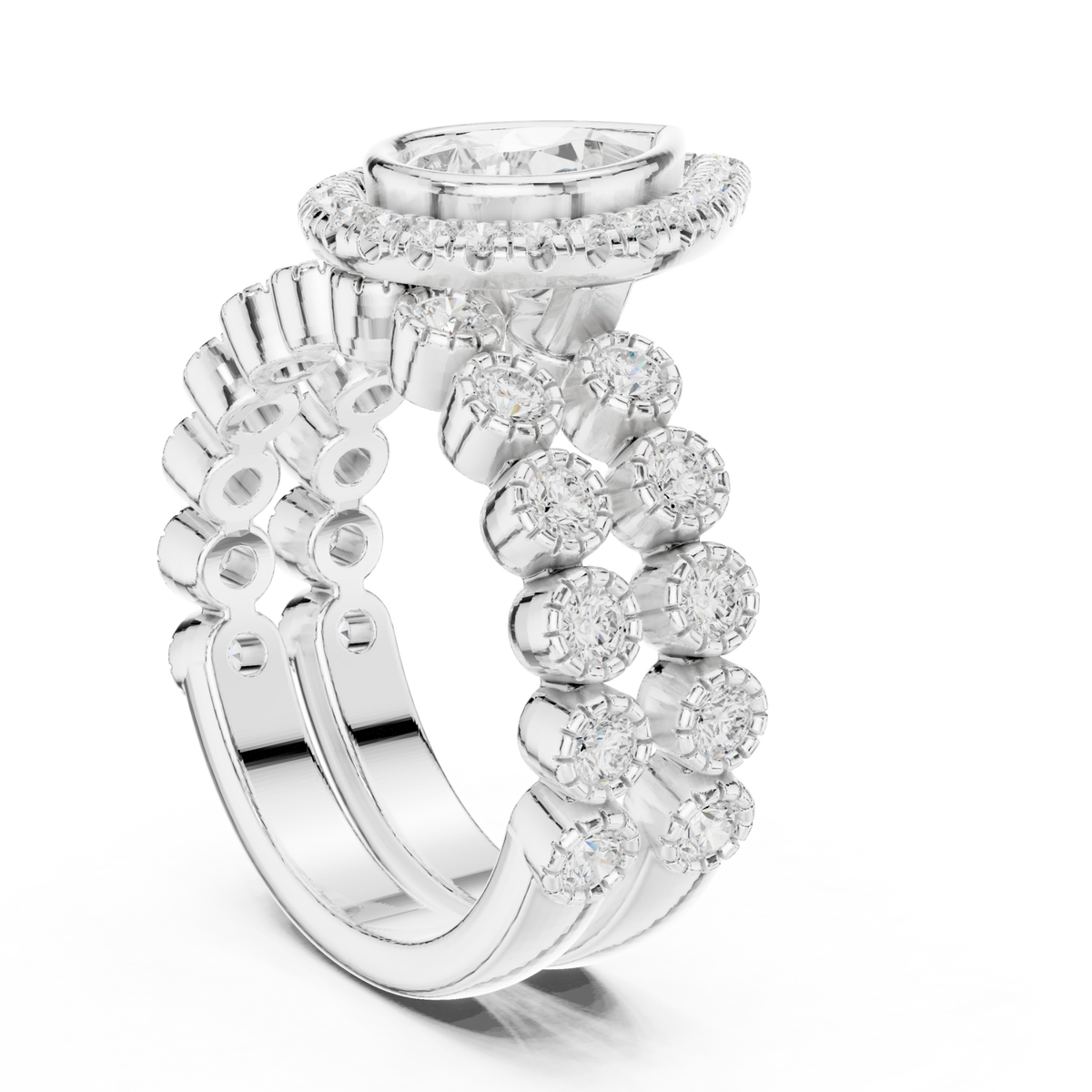 Pear halo floret band ring white gold side view