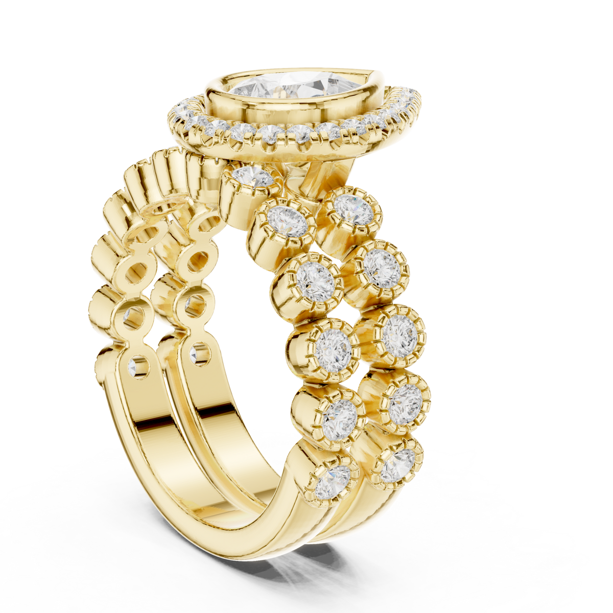 Pear halo floret band ring yellow gold side view