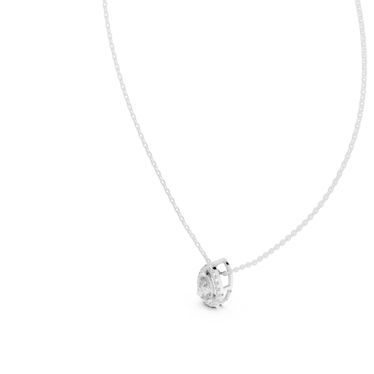 Pear halo pendant white gold angle view