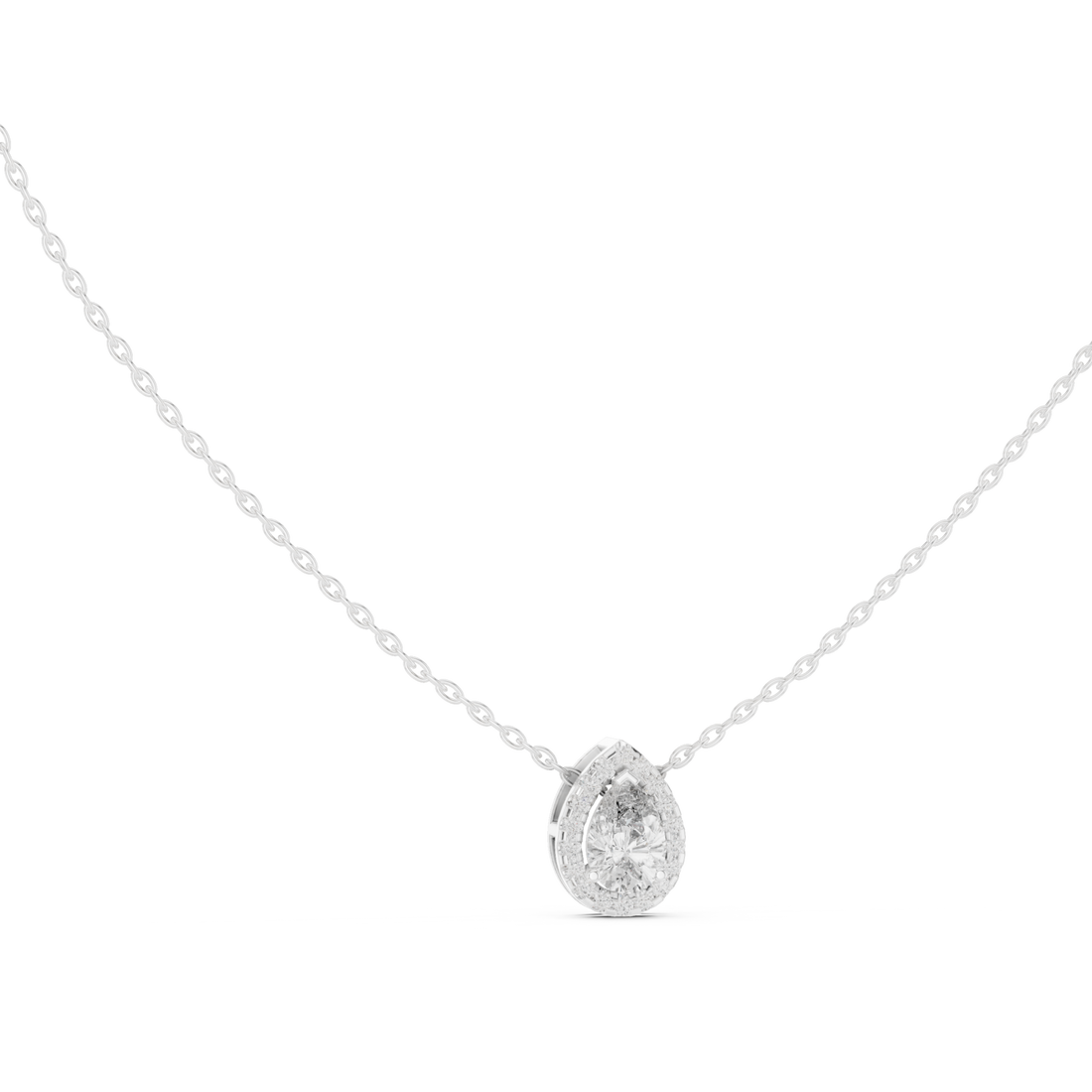 Pear halo pendant white gold front view