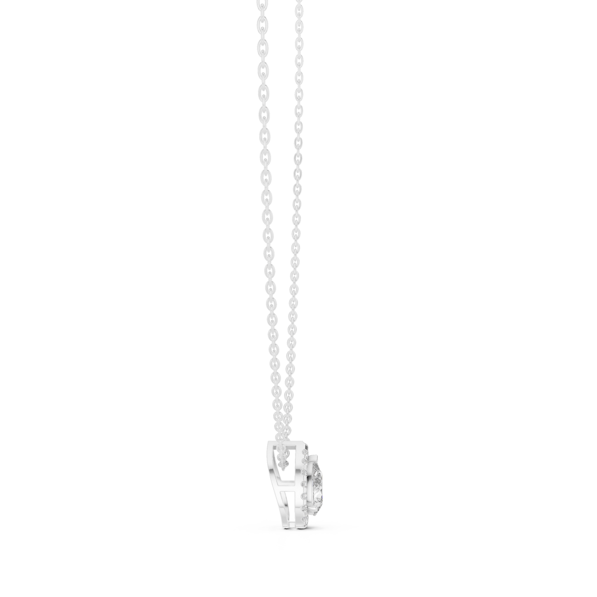 Pear halo pendant white gold side view
