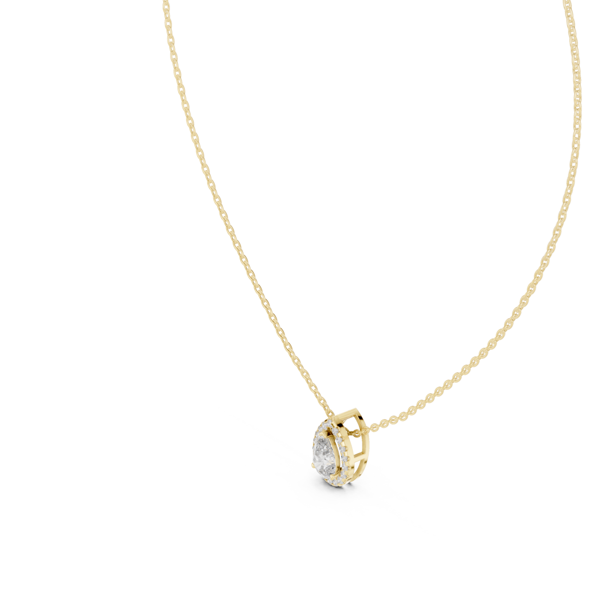 Pear halo pendant yellow gold angle view