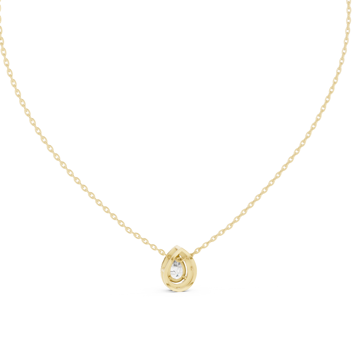 Pear halo pendant yellow gold detail view