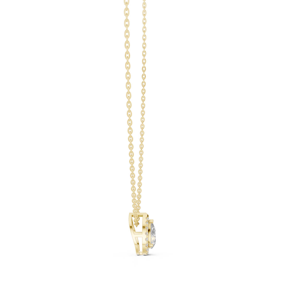 Pear halo pendant yellow gold side view