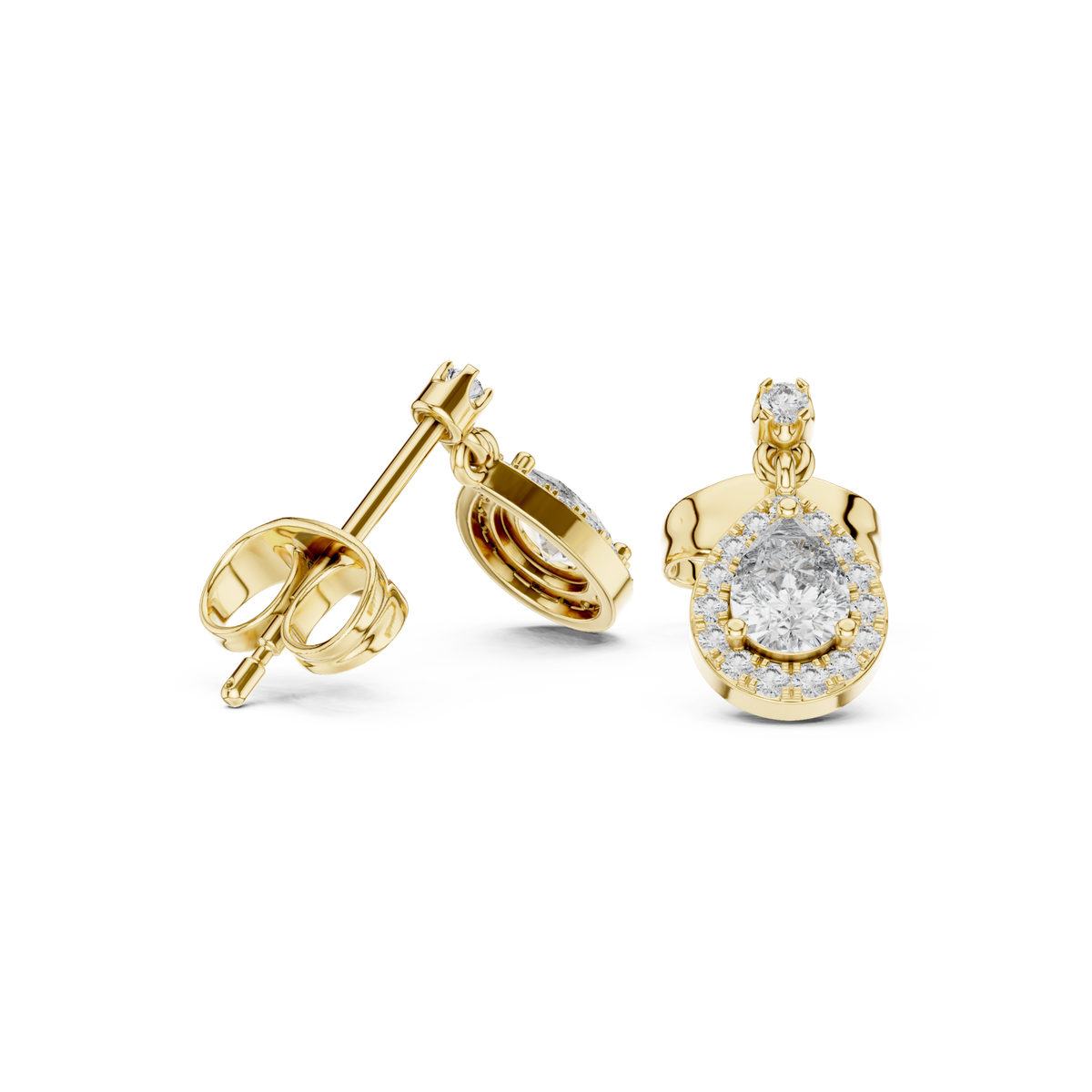 Gold Pear Halo Teardrop Drops Front View