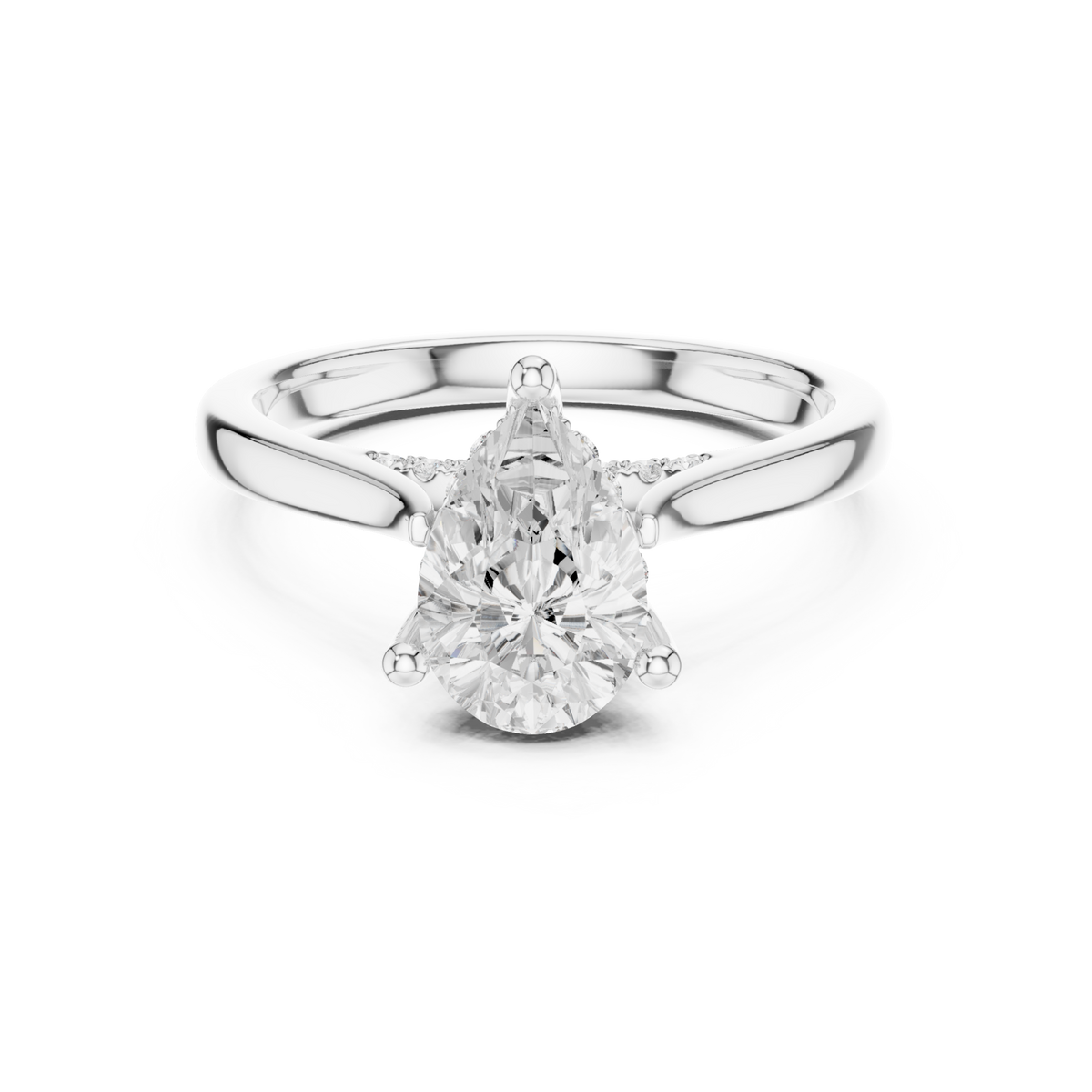 Pear hidden halo cathedral solitaire engagement ring white gold detail view
