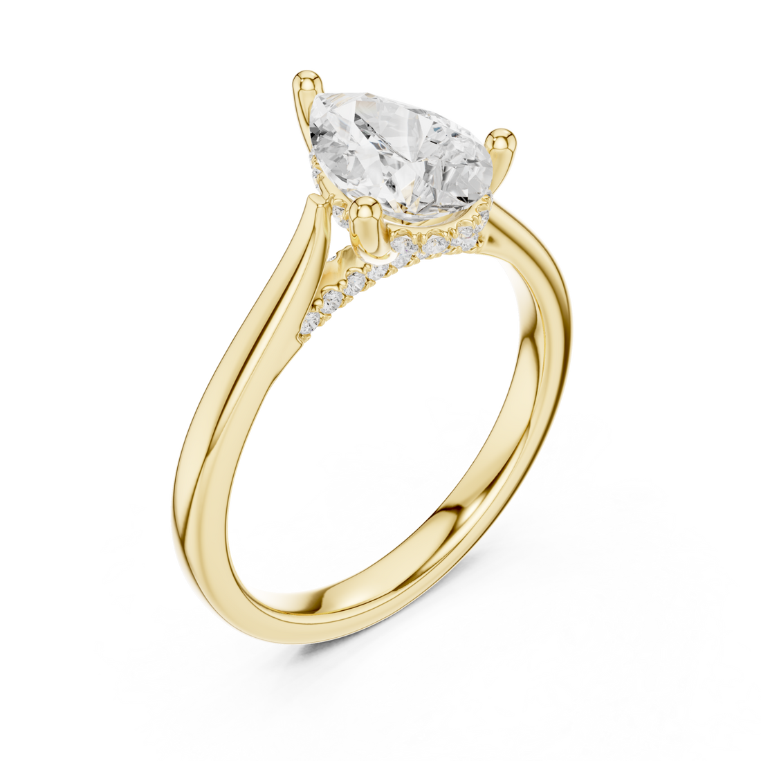 Pear hidden halo cathedral solitaire engagement ring yellow gold front view