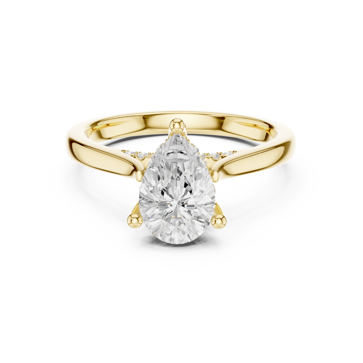 Pear hidden halo cathedral solitaire engagement ring yellow gold detail view