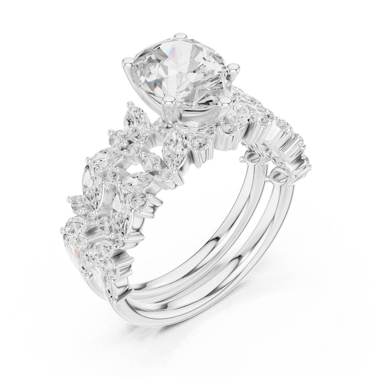 Pear marquise cluster bridal set white gold angle view