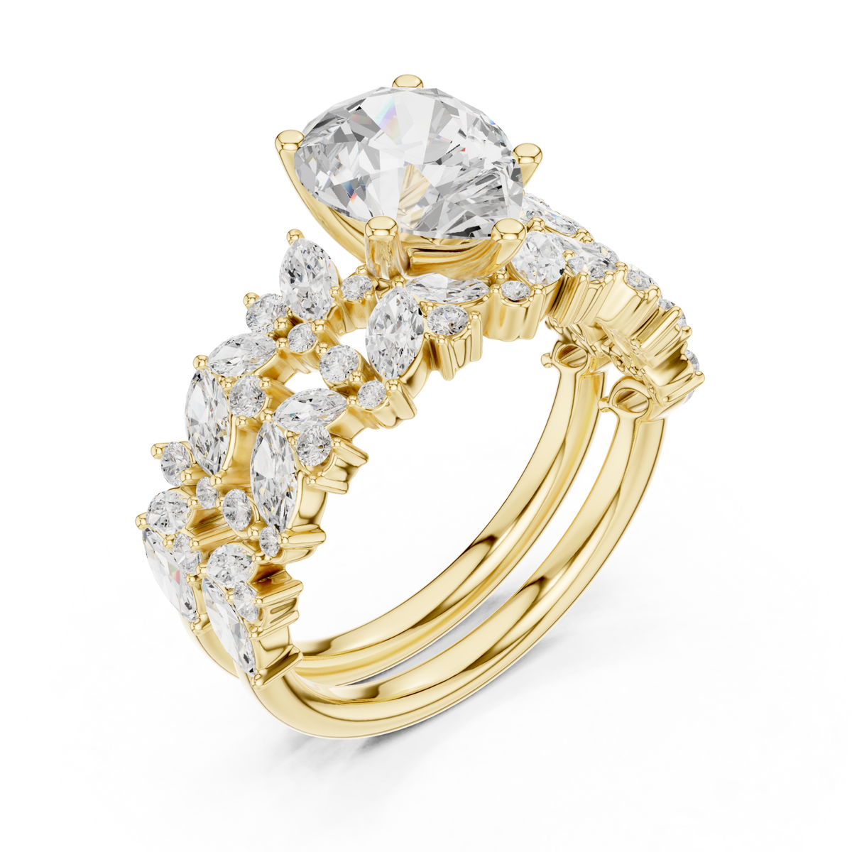 Pear marquise cluster bridal set yellow gold angle view