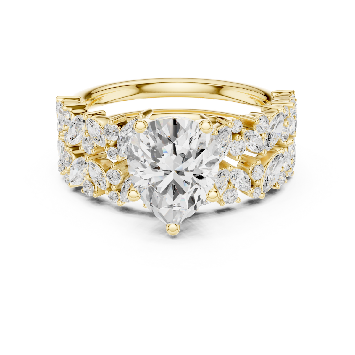Pear marquise cluster bridal set yellow gold detail view