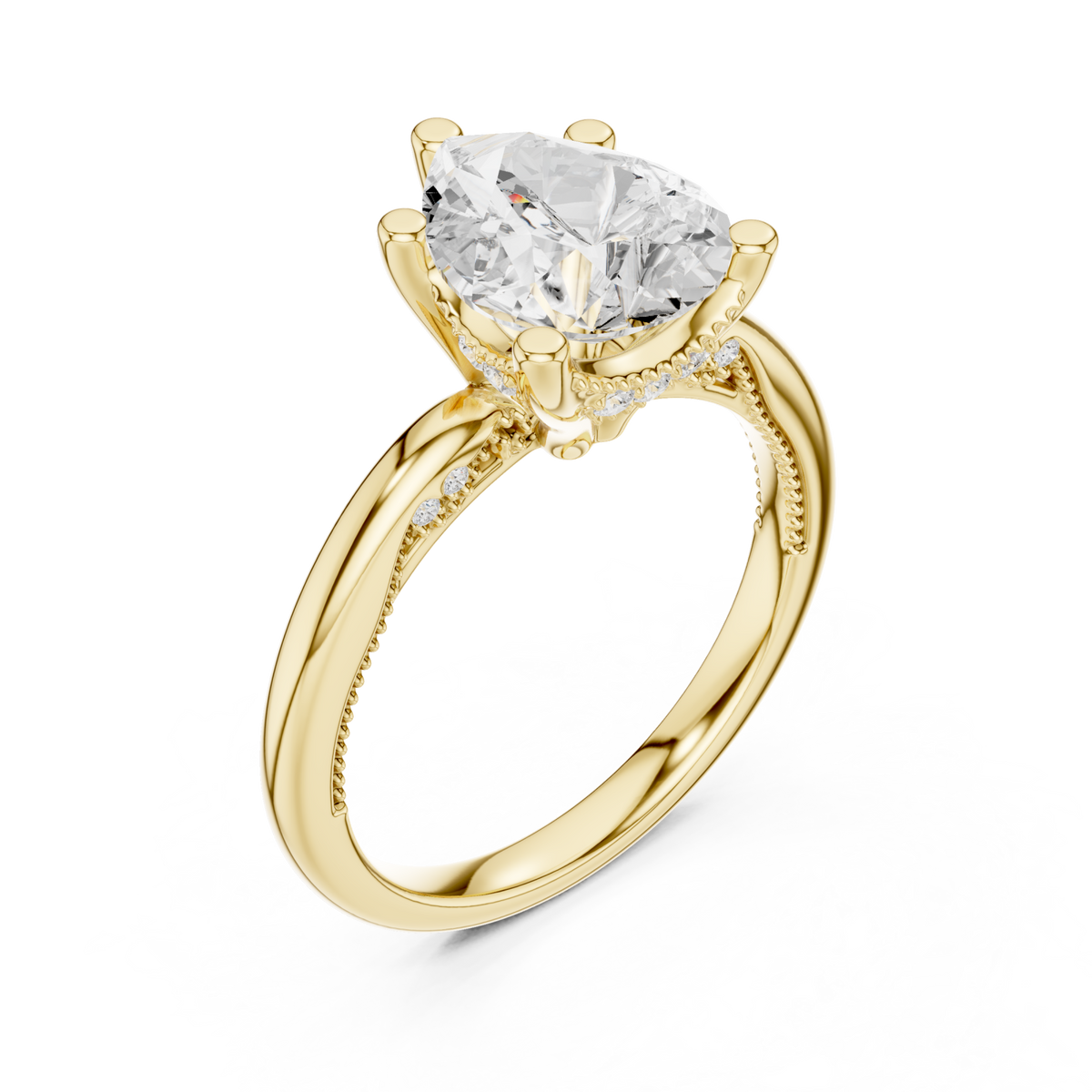 Pear milgrain accent solitaire engagement ring yellow gold angle view