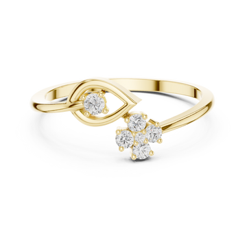 Pear outline and floret open ring yellow gold detail view