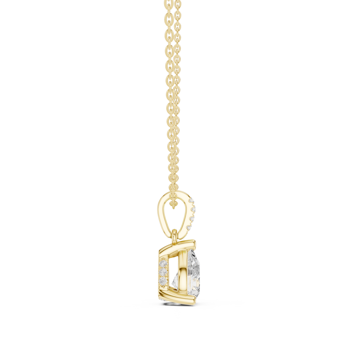 Pear pave bail solitaire pendant yellow gold side view
