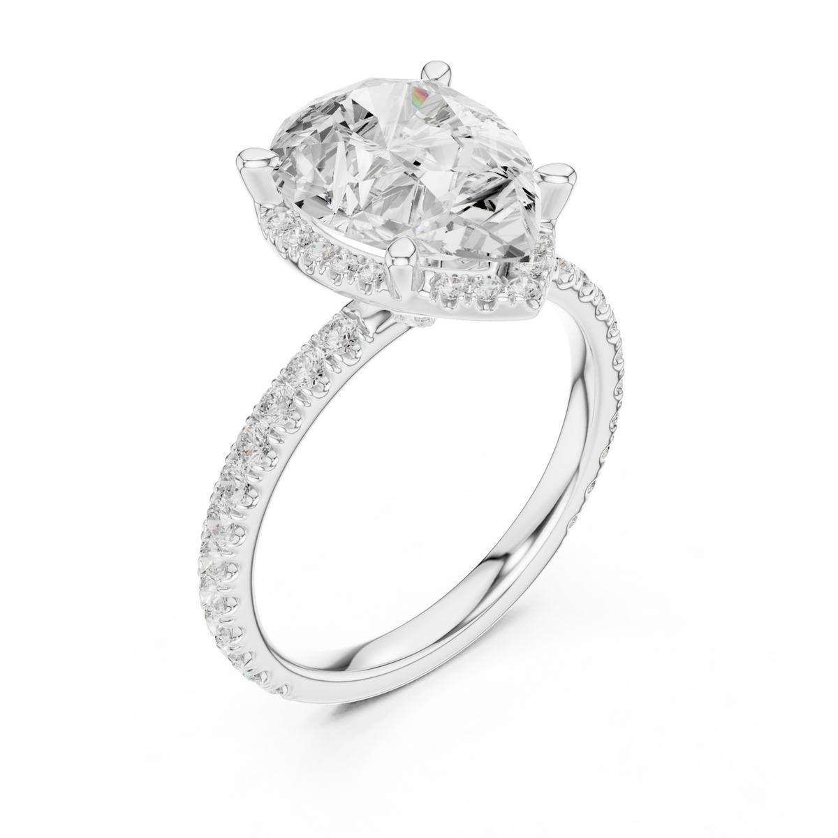 Pear petal-prong hidden halo pave engagement ring white gold angle view