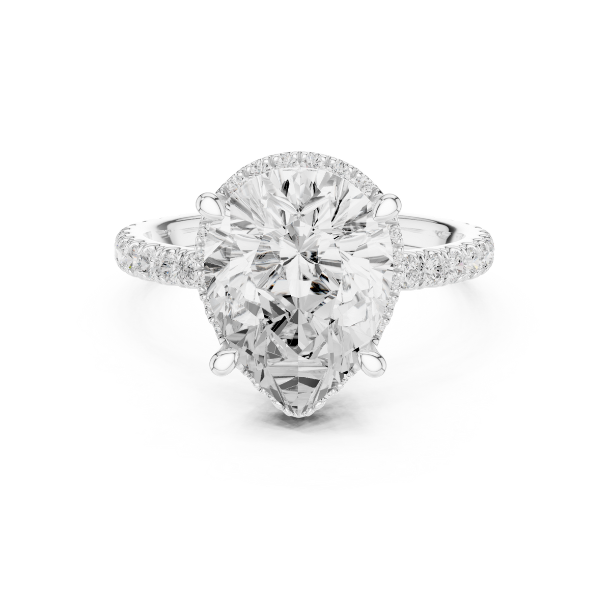 Pear petal-prong hidden halo pave engagement ring white gold detail view