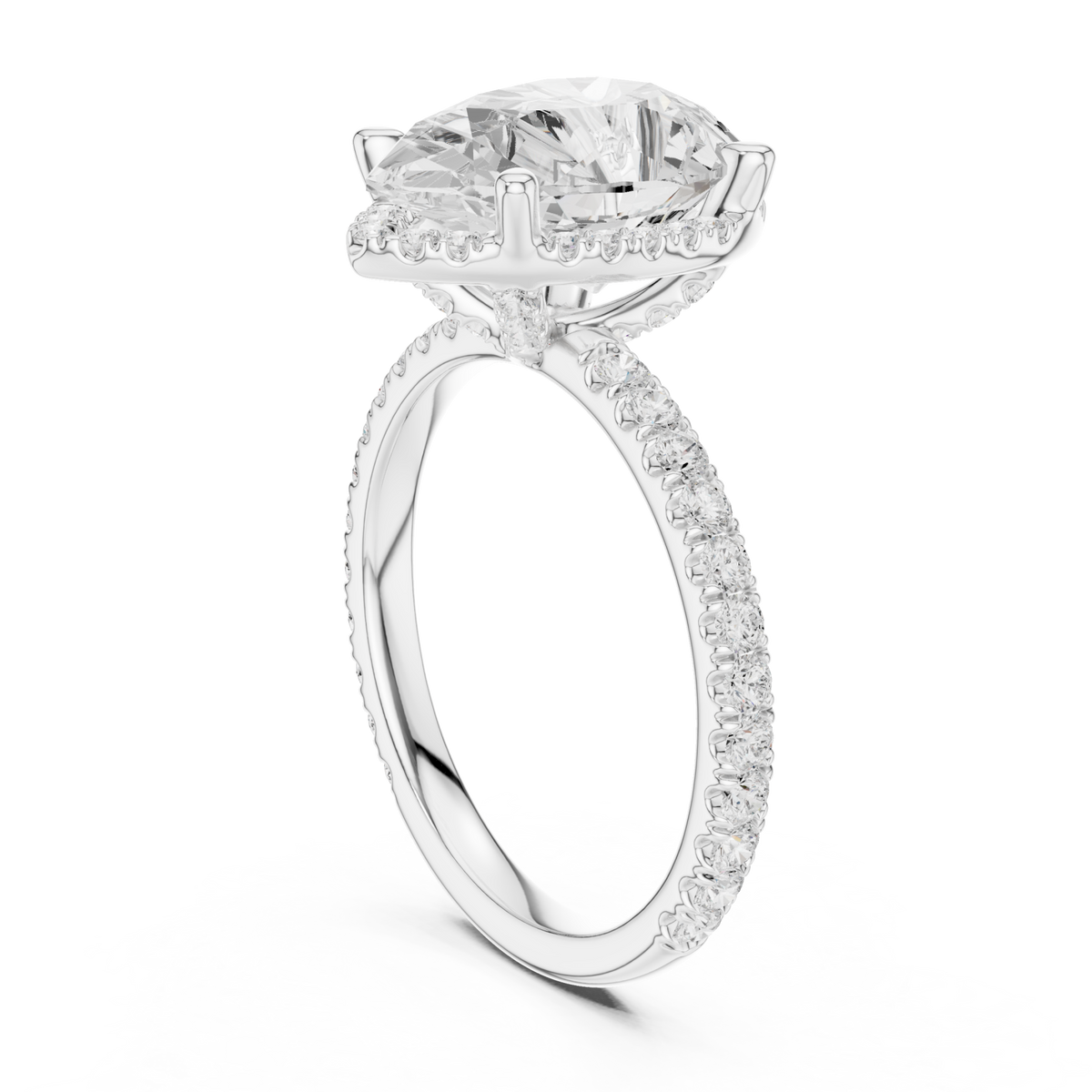 Pear petal-prong hidden halo pave engagement ring white gold front view