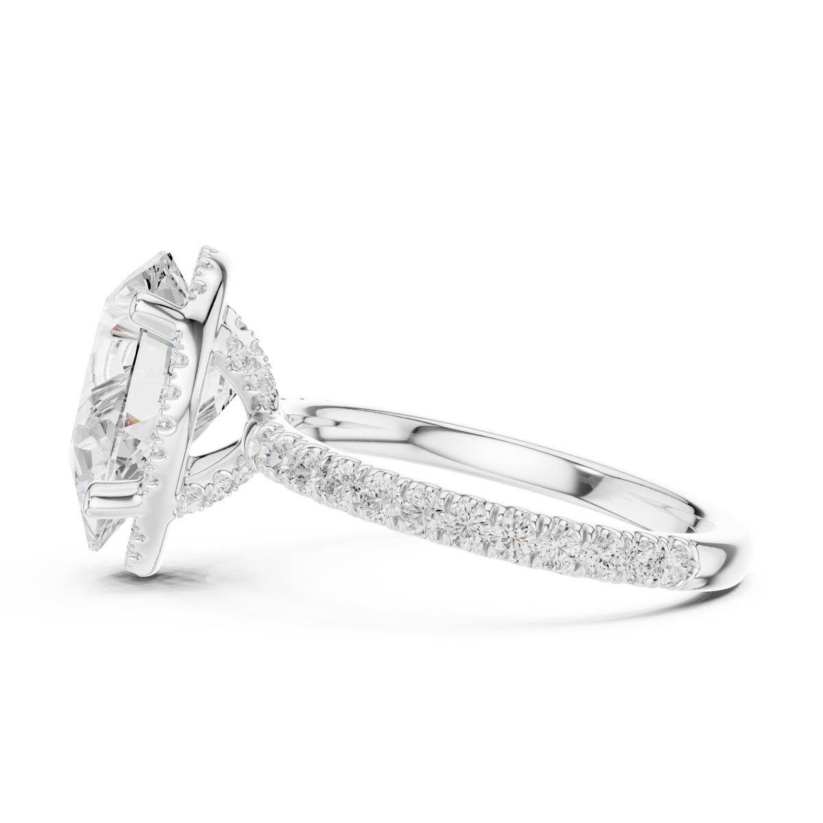 Pear petal-prong hidden halo pave engagement ring white gold side view