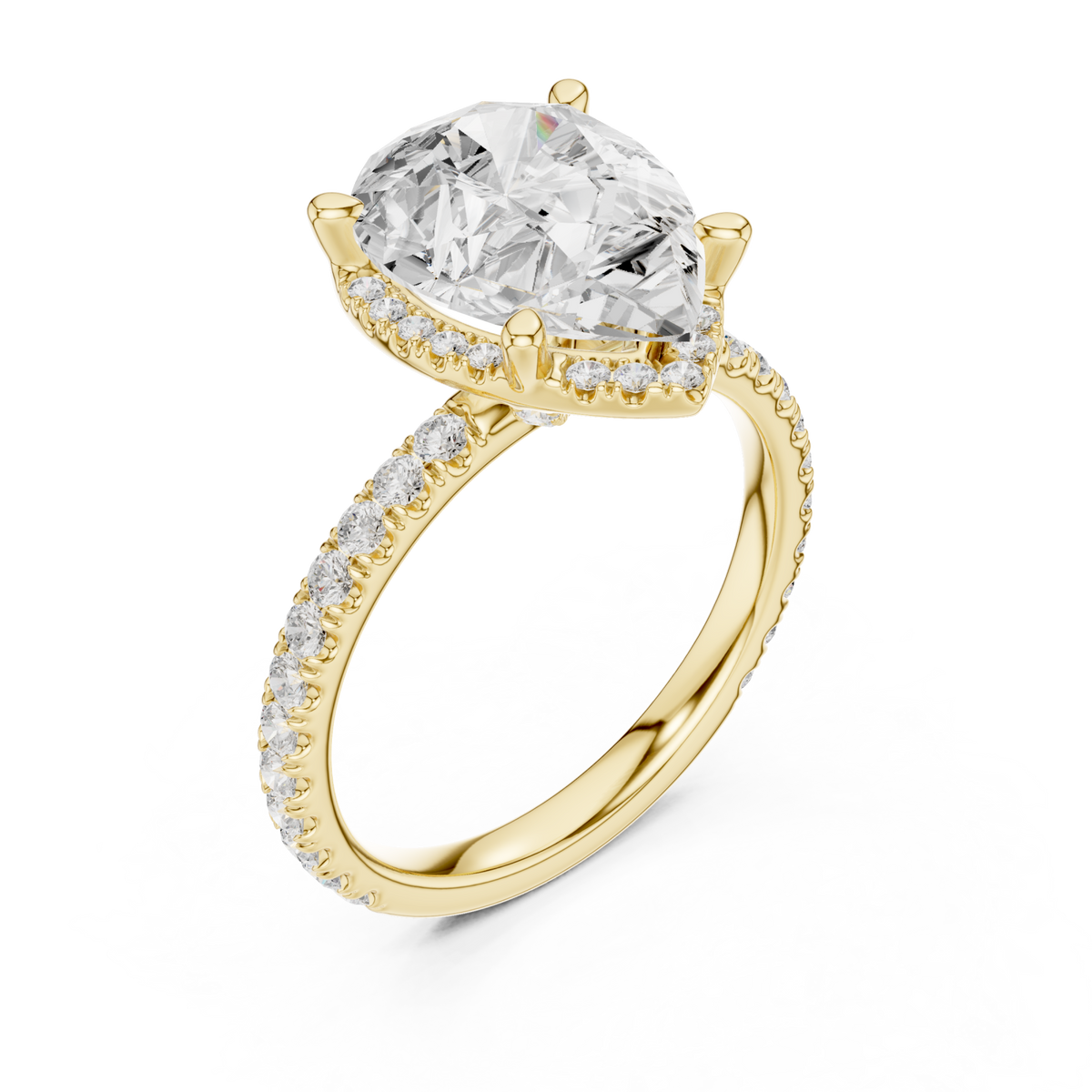 Pear petal-prong hidden halo pave engagement ring yellow gold angle view