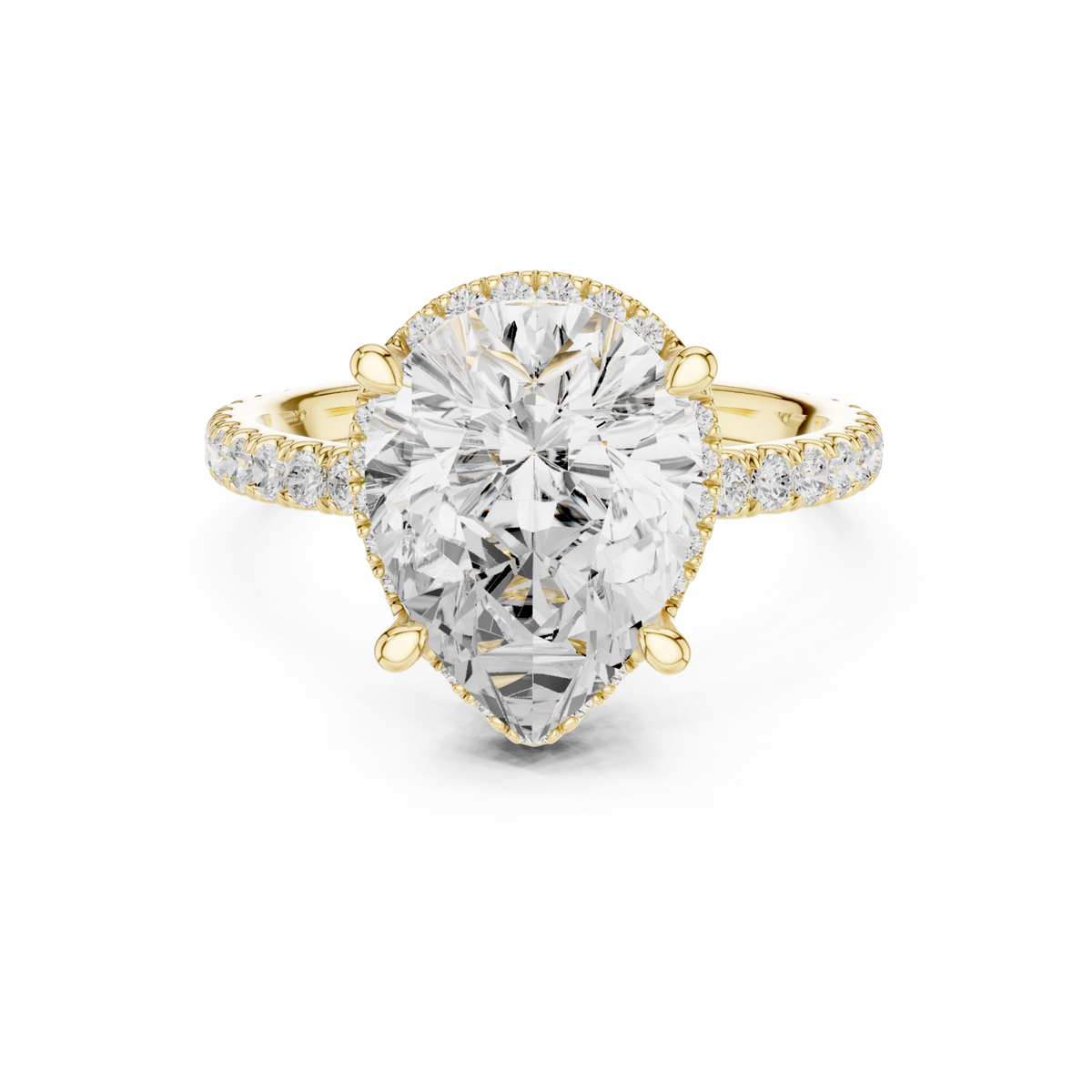 Pear petal-prong hidden halo pave engagement ring yellow gold detail view
