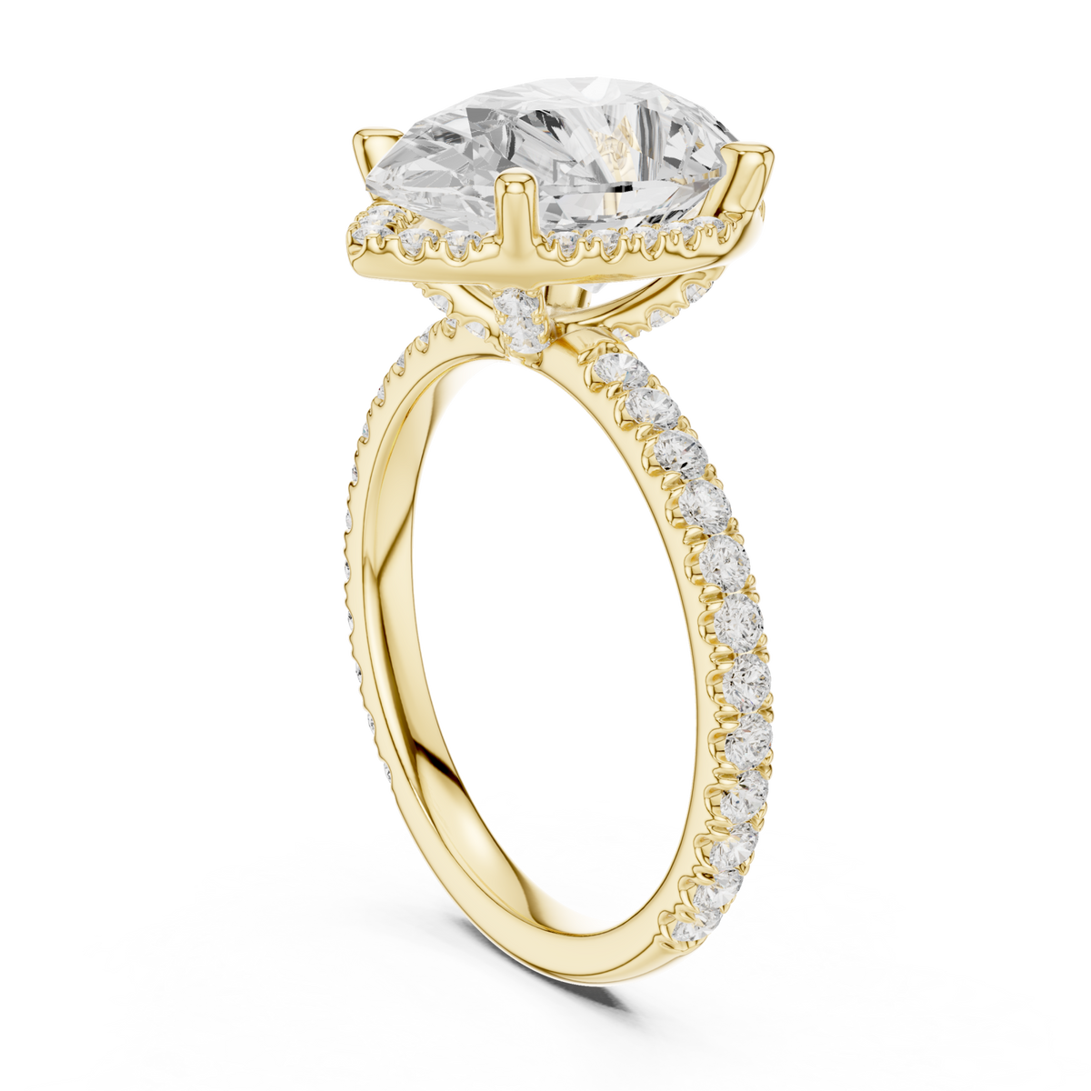 Pear petal-prong hidden halo pave engagement ring yellow gold front view